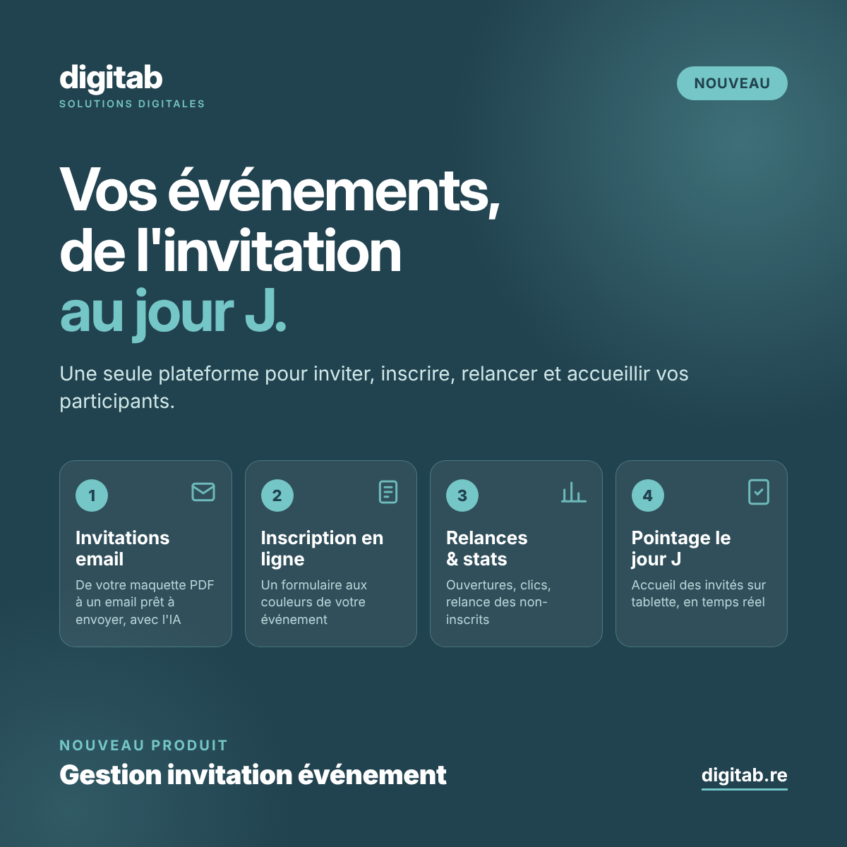 Gestion invitation événement : invitations email, inscription en ligne, relances et pointage le jour J